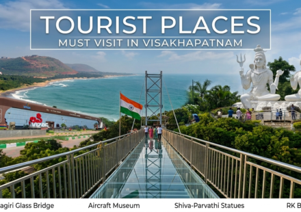 Best places to visit in Visakhapatnam featuring Kailasagiri Glass Bridge, Aircraft Museum, Shiva-Parvati statues, and RK Beach