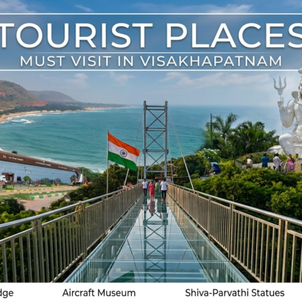 Best places to visit in Visakhapatnam featuring Kailasagiri Glass Bridge, Aircraft Museum, Shiva-Parvati statues, and RK Beach